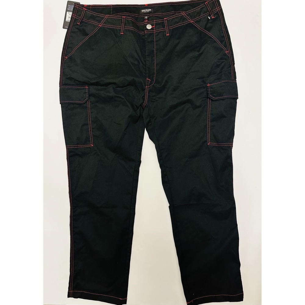 True Religion Jet Black/ TR-V Red Stitching Mens 42x30 Cargo Pants NWT 108335